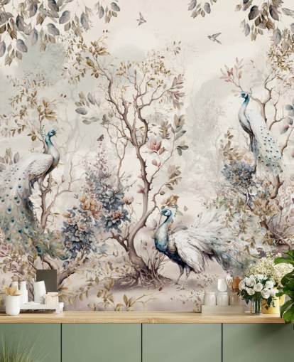 Chinoiserie stil tapetmaleri med blå og hvite påfugler Chinoiserie stil tapetmaleri med blå og hvite påfugler