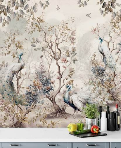 Chinoiserie stil tapetmaleri med blå og hvide påfugle