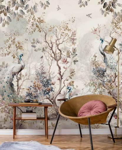 Mural de papel de parede estilo chinoiserie com pavões azuis e brancos