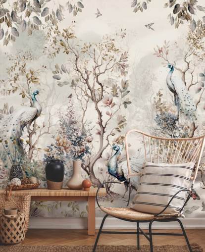 Papier peint mural de style chinoiserie avec des paons bleus et blancs