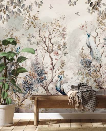 Chinoiserie stil tapetmaleri med blå og hvide påfugle Chinoiserie stil tapetmaleri med blå og hvide påfugle
