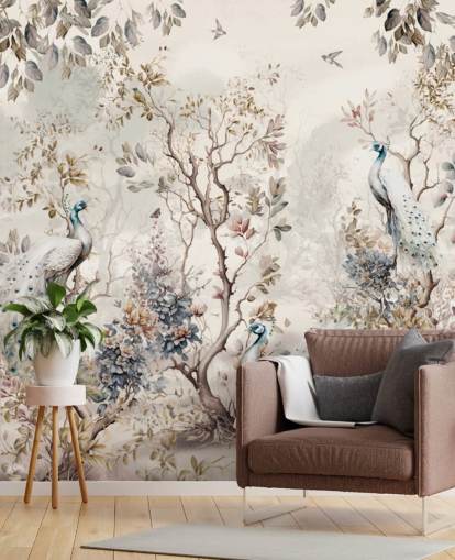 Carta da parati murale in stile chinoiserie con pavoni blu e bianchi