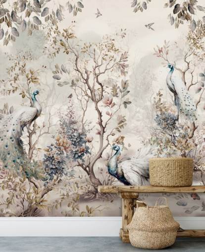 Chinoiserie stil tapetmaleri med blå og hvite påfugler Chinoiserie stil tapetmaleri med blå og hvite påfugler