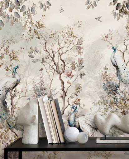 Chinoiserie stil tapetmaleri med blå og hvide påfugle
