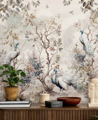 Tapeten-Wandbild im Chinoiserie-Stil mit blauen und weißen Pfauen