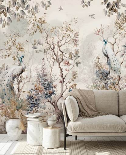 Tapeten-Wandbild im Chinoiserie-Stil mit blauen und weißen Pfauen