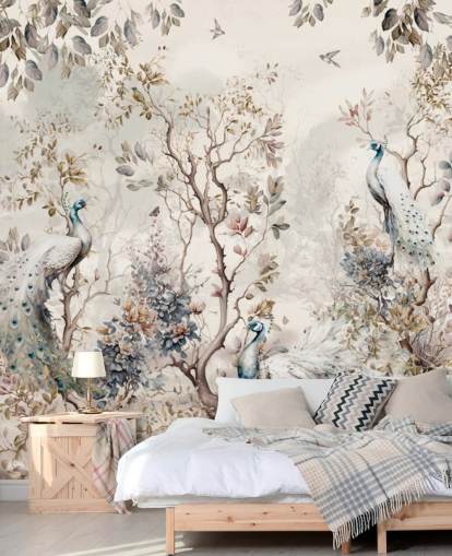 Carta da parati murale in stile chinoiserie con pavoni blu e bianchi