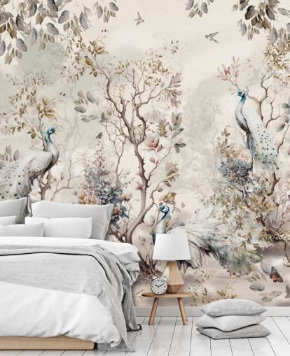 Chinoiserie style wallpaper mural with blue and white peacocks