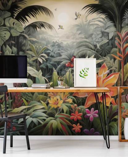 Farverig jungle tapet vægmaleri Farverig jungle tapet vægmaleri