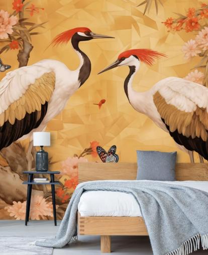 Cranes dancing in the Japanese forest