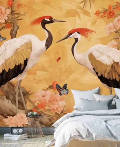 Cranes dancing in the Japanese forest