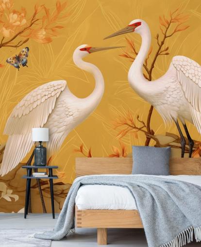Cranes in the Meadow with Butterflies Wallpaper Mural