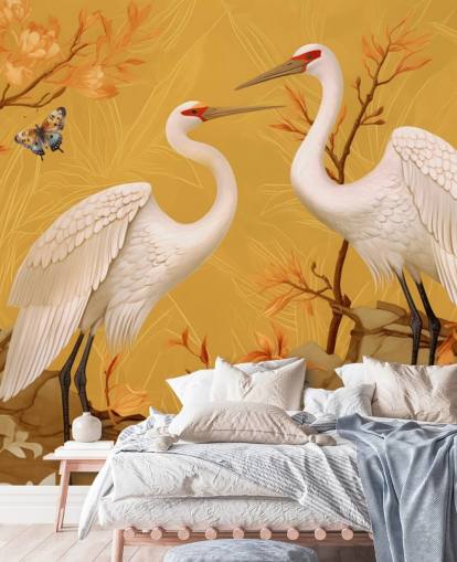 Cranes in the Meadow with Butterflies Wallpaper Mural