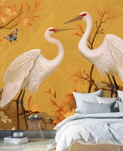 Cranes in the Meadow with Butterflies Wallpaper Mural Cranes in the Meadow with Butterflies Wallpaper Mural