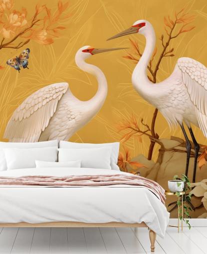 Mural de papel pintado grullas en el prado con mariposas