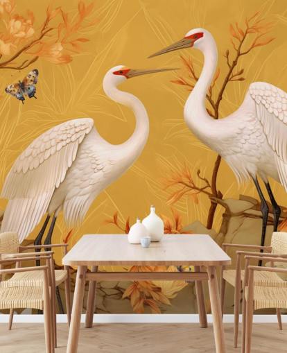 Cranes in the Meadow with Butterflies Wallpaper Mural