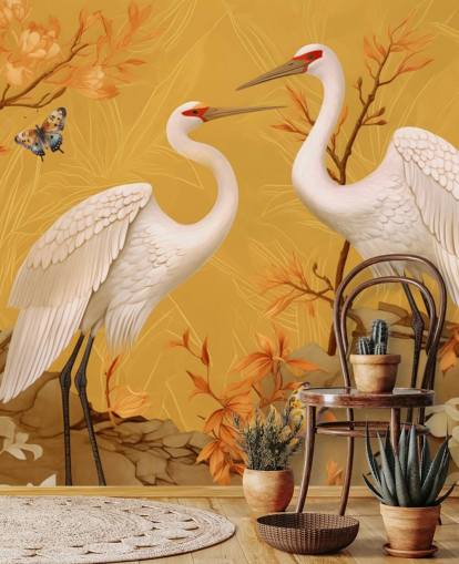 Cranes in the Meadow with Butterflies Wallpaper Mural