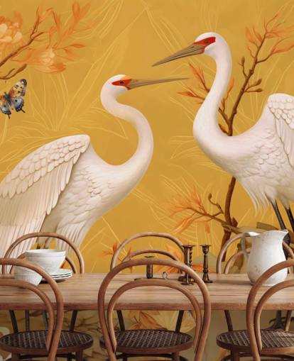Mural de papel pintado grullas en el prado con mariposas