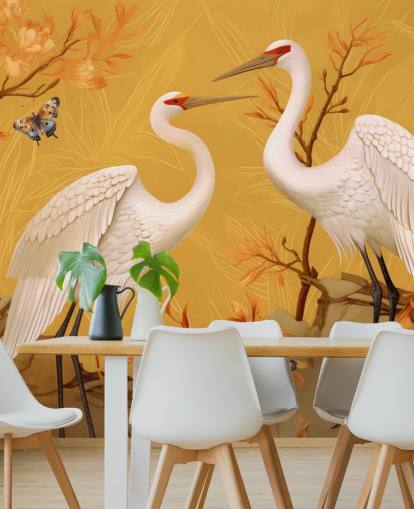 Cranes in the Meadow with Butterflies Wallpaper Mural