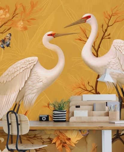 Cranes in the Meadow with Butterflies Wallpaper Mural