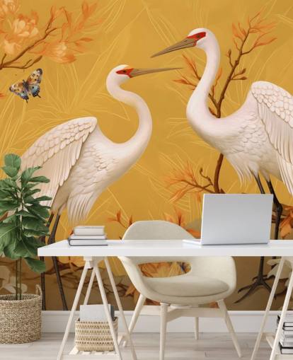 Cranes in the Meadow with Butterflies Wallpaper Mural Cranes in the Meadow with Butterflies Wallpaper Mural