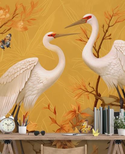 Cranes in the Meadow with Butterflies Wallpaper Mural
