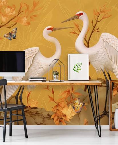 Cranes in the Meadow with Butterflies Wallpaper Mural Cranes in the Meadow with Butterflies Wallpaper Mural