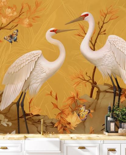 Cranes in the Meadow with Butterflies Wallpaper Mural