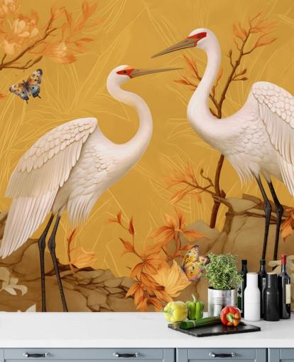 Mural de papel pintado grullas en el prado con mariposas Mural de papel pintado grullas en el prado con mariposas