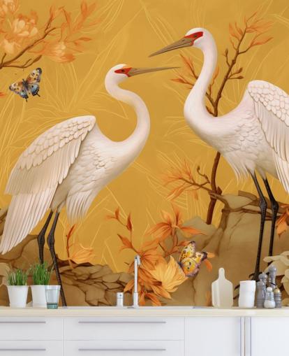 Mural de papel de parede de guindastes no prado com borboletas Mural de papel de parede de guindastes no prado com borboletas