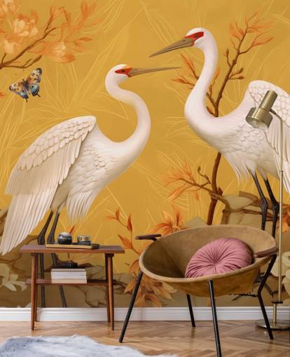 Cranes in the Meadow with Butterflies Wallpaper Mural
