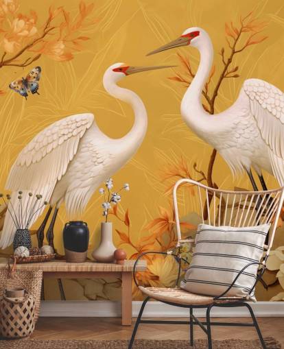 Cranes in the Meadow with Butterflies Wallpaper Mural Cranes in the Meadow with Butterflies Wallpaper Mural