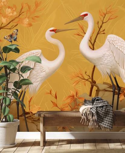 Cranes in the Meadow with Butterflies Wallpaper Mural