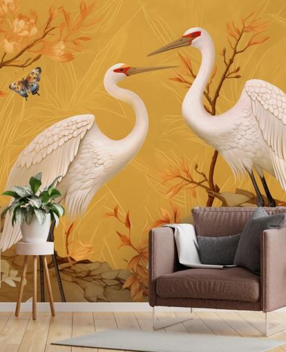 Cranes in the Meadow with Butterflies Wallpaper Mural Cranes in the Meadow with Butterflies Wallpaper Mural