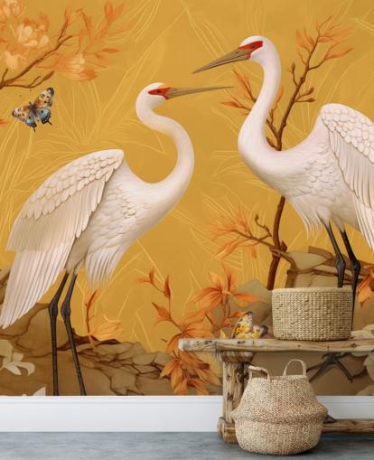 Mural de papel pintado grullas en el prado con mariposas