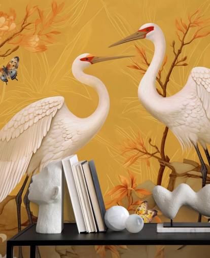 Cranes in the Meadow with Butterflies Wallpaper Mural