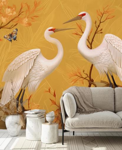 Kraner i engen med sommerfugler Tapetmaleri