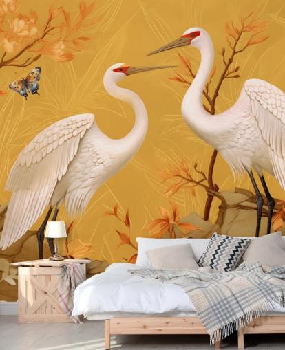 Cranes in the Meadow with Butterflies Wallpaper Mural