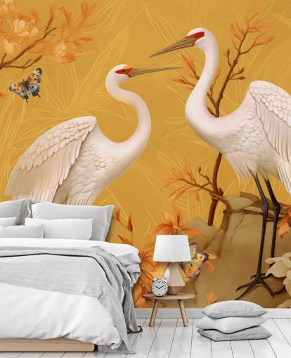 Cranes in the Meadow with Butterflies Wallpaper Mural