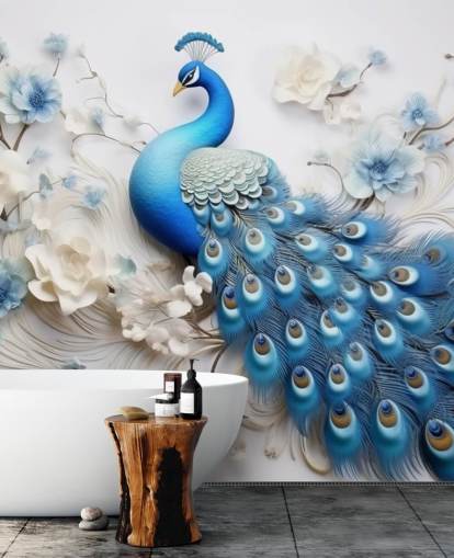 blå og hvit påfugl tapet veggmaleri kalt Blue Peacock Flowers for kjøkken, soverom og stuer blå og hvit påfugl tapet veggmaleri kalt Blue Peacock Flowers for kjøkken, soverom og stuer