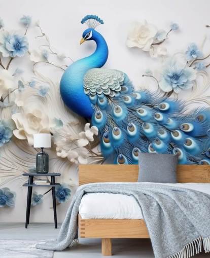 blue and white peacock wallpaper mural called Blue Peacock Flowers for kitchens, bedrooms and living rooms