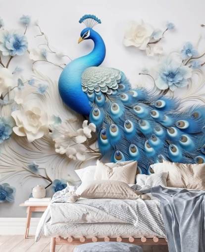 blau-weiße Pfauentapete namens Blue Peacock Flowers für Küchen, Schlafzimmer und Wohnzimmer blau-weiße Pfauentapete namens Blue Peacock Flowers für Küchen, Schlafzimmer und Wohnzimmer