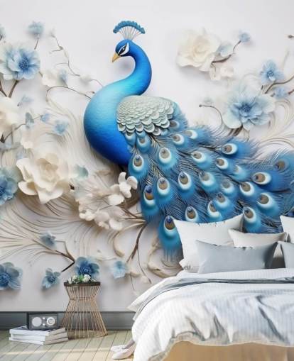 mural de papel de parede de pavão azul e branco chamado Blue Peacock Flowers para cozinhas, quartos e salas de estar mural de papel de parede de pavão azul e branco chamado Blue Peacock Flowers para cozinhas, quartos e salas de estar