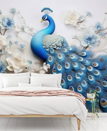 blå och vit påfågel tapetväggmålning kallad Blue Peacock Flowers för kök, sovrum och vardagsrum blå och vit påfågel tapetväggmålning kallad Blue Peacock Flowers för kök, sovrum och vardagsrum