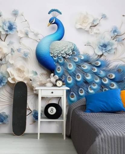blue and white peacock wallpaper mural called Blue Peacock Flowers for kitchens, bedrooms and living rooms