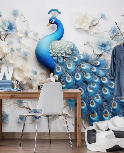 blå og hvid påfugl tapetmaleri kaldet Blue Peacock Flowers til køkkener, soveværelser og stuer