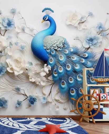 mural de papel pintado de pavo real azul y blanco llamado Blue Peacock Flowers para cocinas, dormitorios y salas de estar