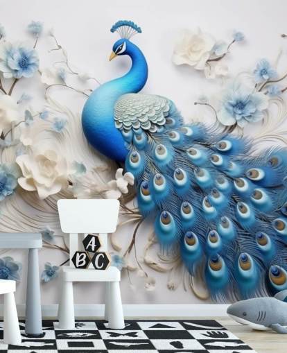 mural de papel de parede de pavão azul e branco chamado Blue Peacock Flowers para cozinhas, quartos e salas de estar mural de papel de parede de pavão azul e branco chamado Blue Peacock Flowers para cozinhas, quartos e salas de estar