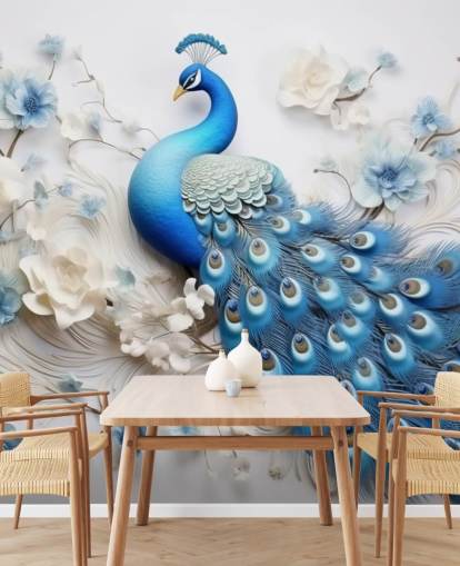 sininen ja valkoinen riikinkukko-taustakuvamaalaus nimeltä Blue Peacock Flowers keittiöihin, makuuhuoneisiin ja olohuoneisiin