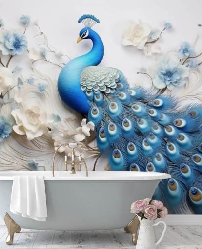 blau-weiße Pfauentapete namens Blue Peacock Flowers für Küchen, Schlafzimmer und Wohnzimmer